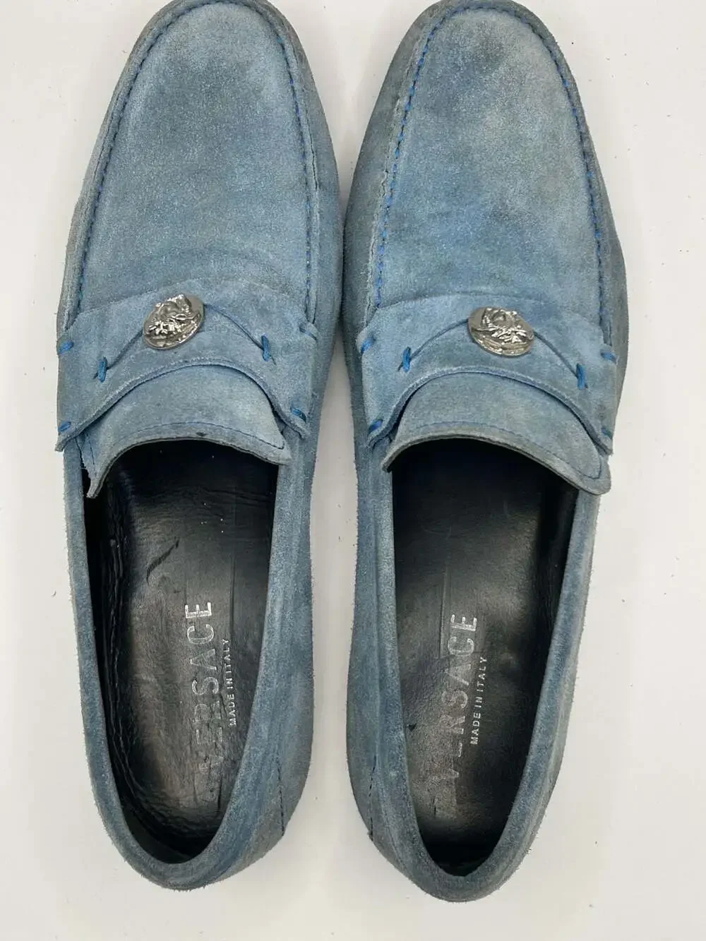 Versace Men's Blue Suede Medusa Plaque Driver Loafers